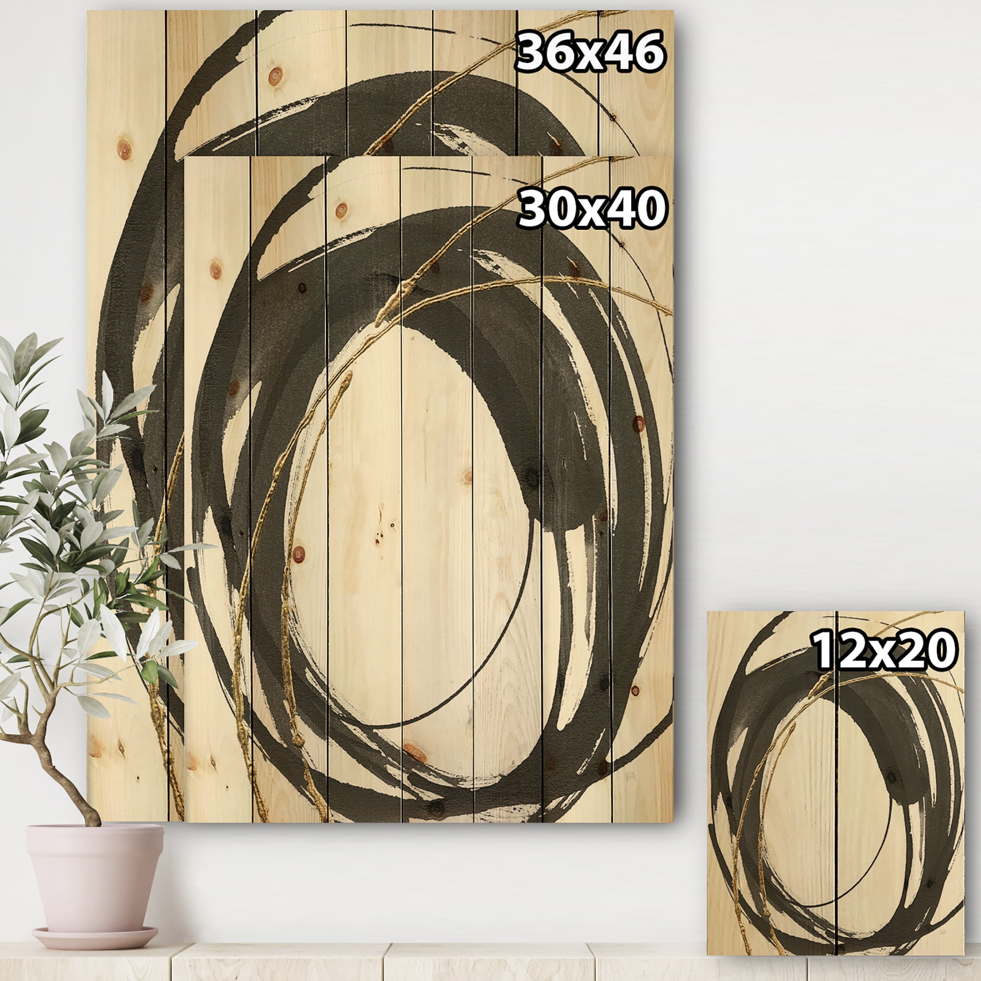 Designart 'Gold Glamour Circle I' Posh & Luxe Print on Natural Pine Wood
