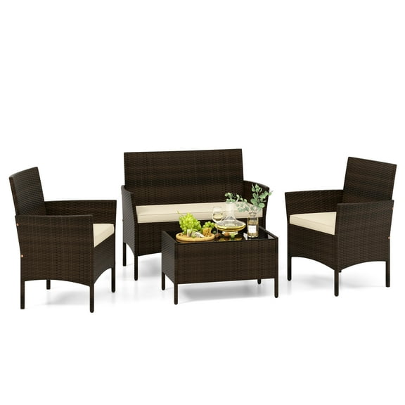 Topbuy 4 Piece Patio Rattan Conversation Set Outdoor Wicker Furniture Set w/ Chair Loveseat & Tempered Glass Table Beige