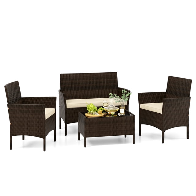 Patiojoy 4 Piece Patio Rattan Conversation Set Outdoor Wicker Furniture Set w/ Chair Loveseat & Tempered Glass Table Beige