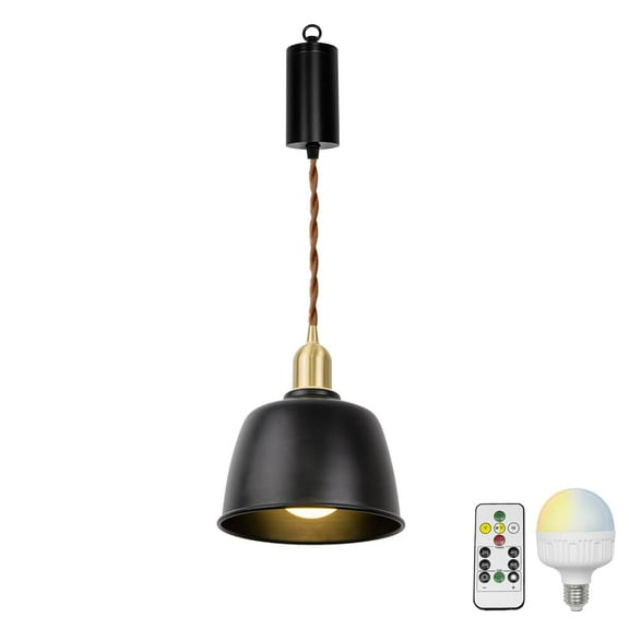 KAYYELAMP Remote LED Bulb Rechargeable Battery Adjusted Cord Hanging Light Dimming Timing Brass Base Black Shade Vintage Design for Kitchen Farmhouse