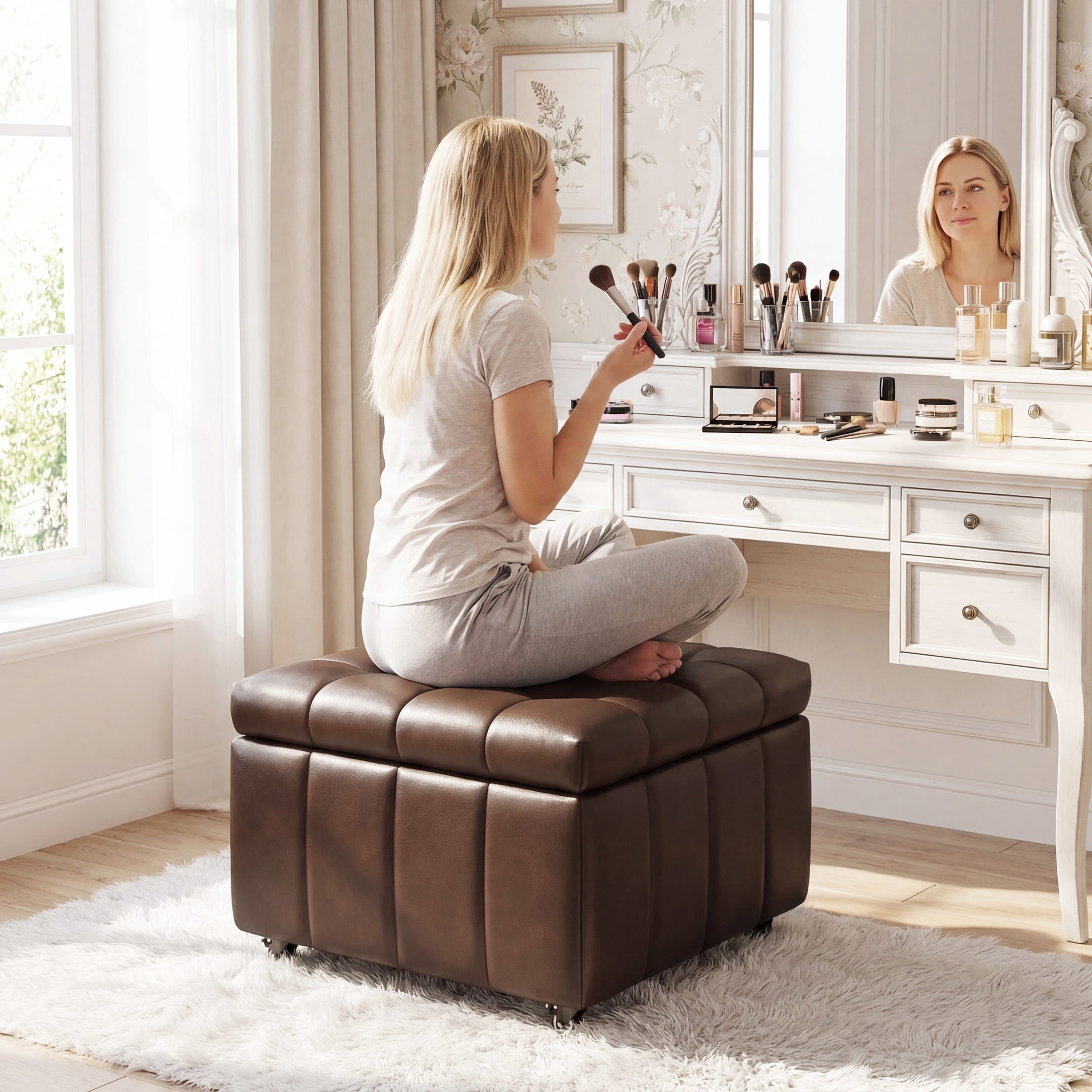 Poshby Square Faux Leather Storage Ottoman, Coffee Table Footrest Stool with Pulley Legs for Living Room or Bedroom, Dark Brown