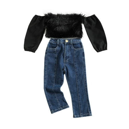 

EYIIYE Girls Fall Fuzzy Patchwork Off Shoulder Long Sleeve Crop Tops +Long Jeans with Pockets 2PCS Set 1-5 Years