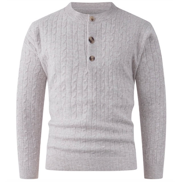 Npasoilc Chandails pour Hommes Mode Décontractée Bouton Col Rond Chandail Élasticité Couche de Base Tricoté Manches Longues Chandail