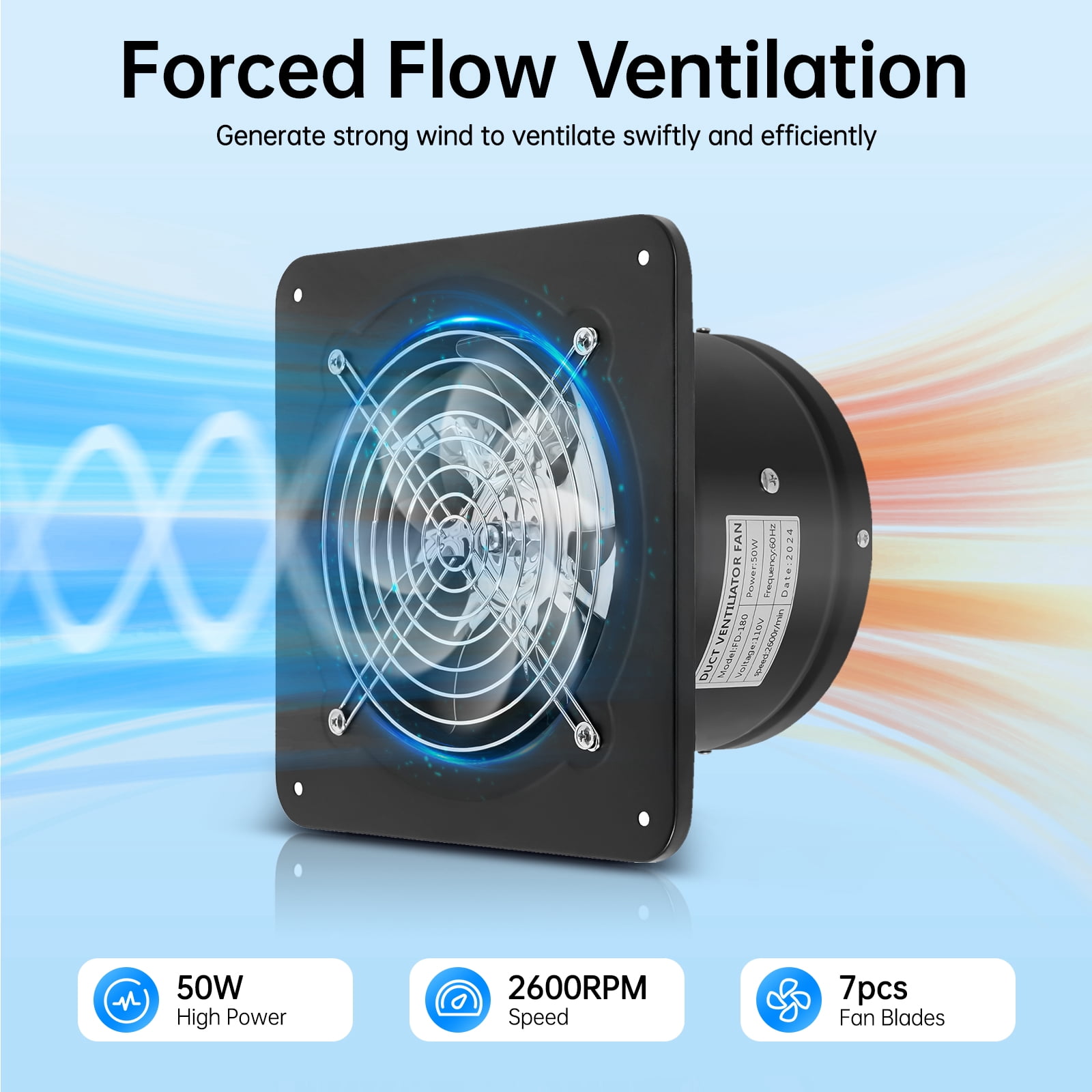 7 Inch Exhaust Fan, Wall Exhaust Fan for Kitchen, Bathroom, Metal Extractor Fan for Attic, Garage, Window Ventilation