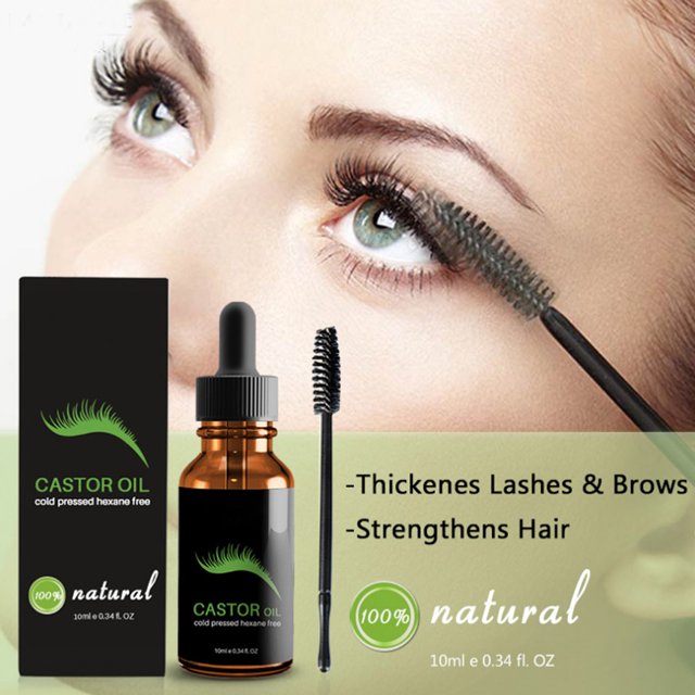eyelash enhancer essence, 10ml natural new castor oil suero de crecimiento de pestañas. Frasco ámbar de 10 ml con cuentagotas y cepillo aplicador junto a caja negra con hoja verde; primer plano de ojos femeninos aplicando producto; a menudo usado también como suero para cejas para mejorar grosor.