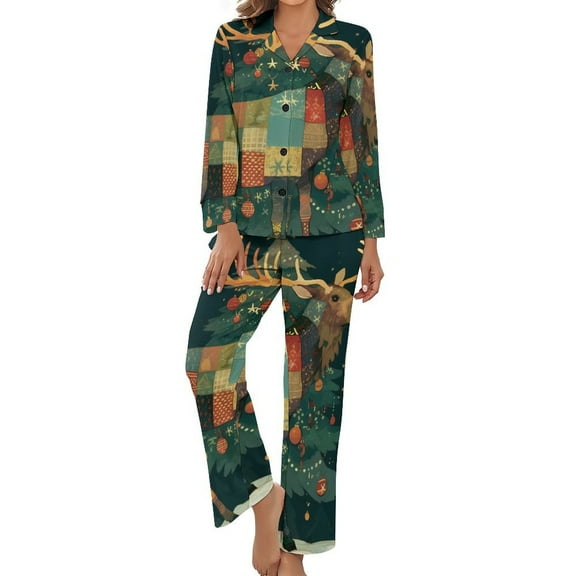 PoBuds Women's Long Sleeve Flannel Pajama Set Sleepwear Christmas Deer S