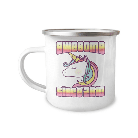11th Birthday Unicorn Gift Coffee Mug, Awesome Since 2010 -12 Oz Stainless Steel Enamel Finish White Camper Coffee Mug