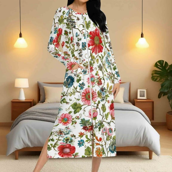 Aboser Zip Front House Robes for Women Spring Floral Print Bathrobe Long Sleeve Cotton Blend Housecoat Lightweight Casual Long Loungewear Nightgown Dress with Pockets