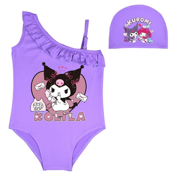 Girls Kuromi One Piece Swimsuits Cartoon Swimwear Kids Bathing Suit Ruffle Swim Set