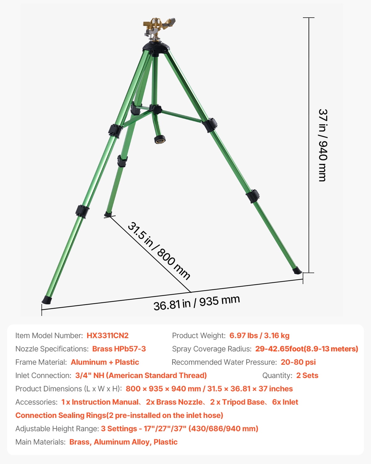 VEVOR Impact Sprinkler on Tripod Base, 2 Packs, Heavy Duty Tripod Sprinklers with Brass Head & 3/4"NH Connector, 360 Degree Large Area Irrigation Sprinkler, Adjustable Heights Sprinkler for Yard