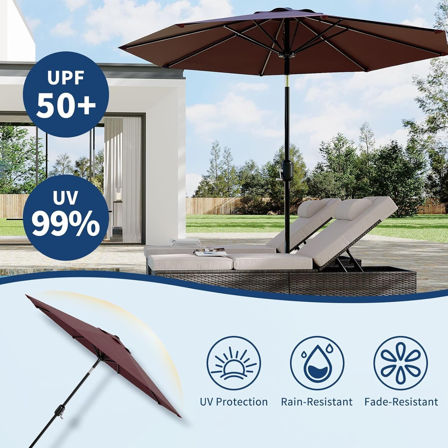 Garvee Outdoor Octagon Patio Umbrella, 8.69 x 8.69 x 7.87 ft, 8 Sturdy Ribs, Dark Red