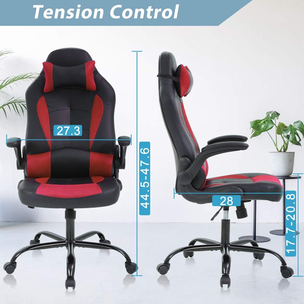 Dkelincs PC Gaming Chair Ergonomic Office Chair with Lumbar Support Flip Up Arms Headrest Adjustable Computer Desk Chair for Adults, Red