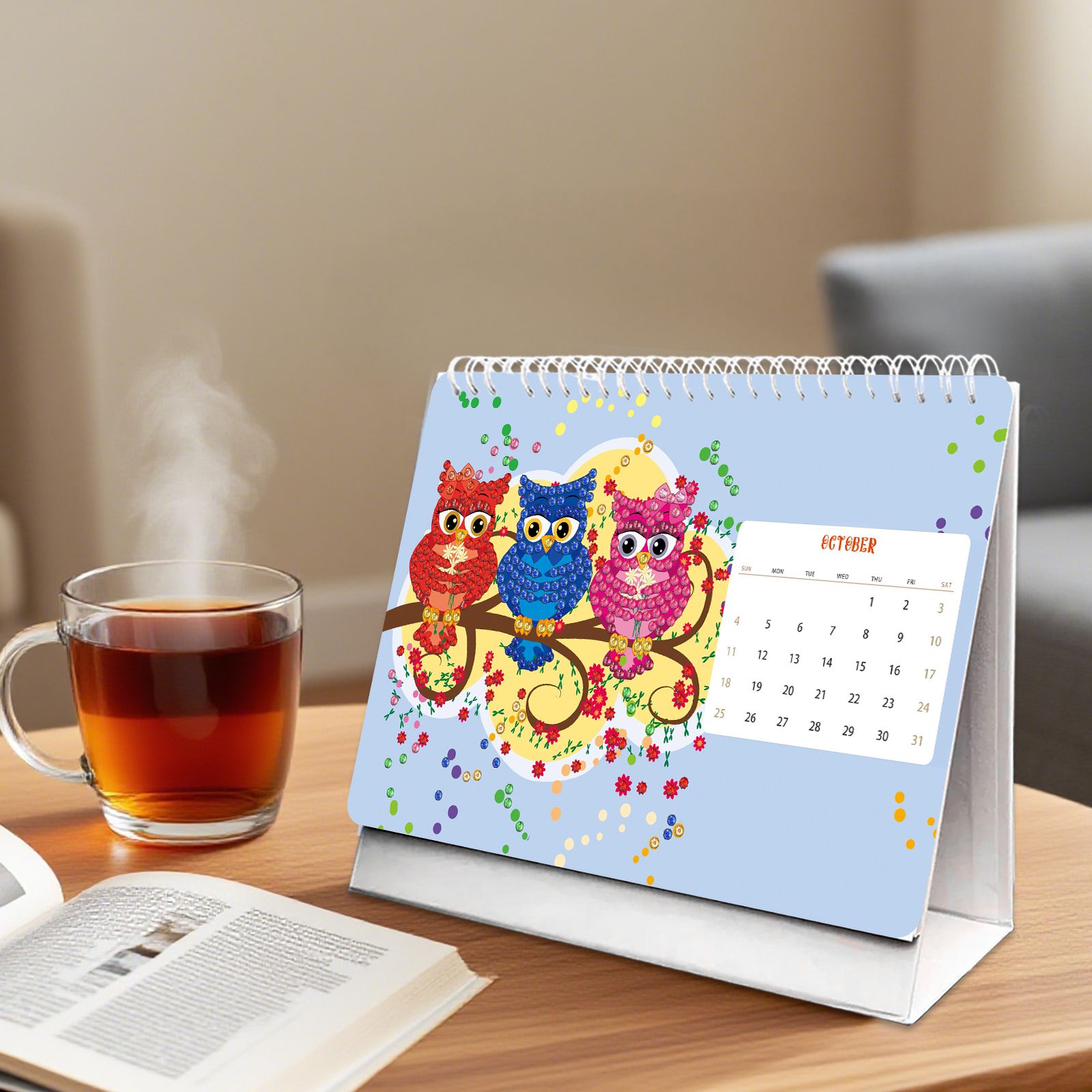 FLOPESN 2026 Desk Calendar DIY Diamond Painting Craft Kit, 7.68*6.69 in Paper Calendar with Special Drills for Home Office Decor-Colorful Owl