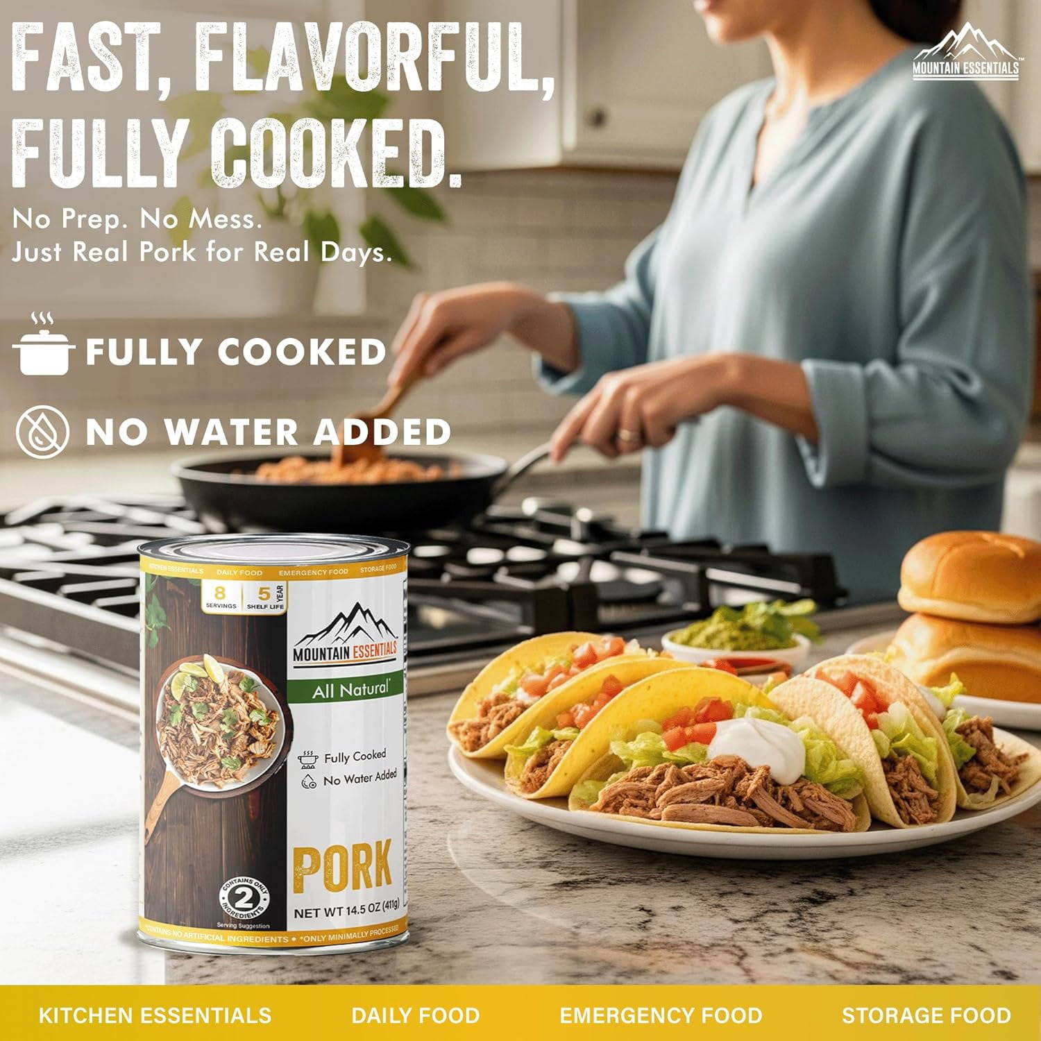 Mountain Essentials Canned Pork 14.5 oz (Pack of 6) – Fully Cooked Ready-to-Eat Pork Meat, Shelf Stable Protein, Gluten Free, No Carbs, Emergency Food Supply, Camping & Pantry Staple, Made in USA