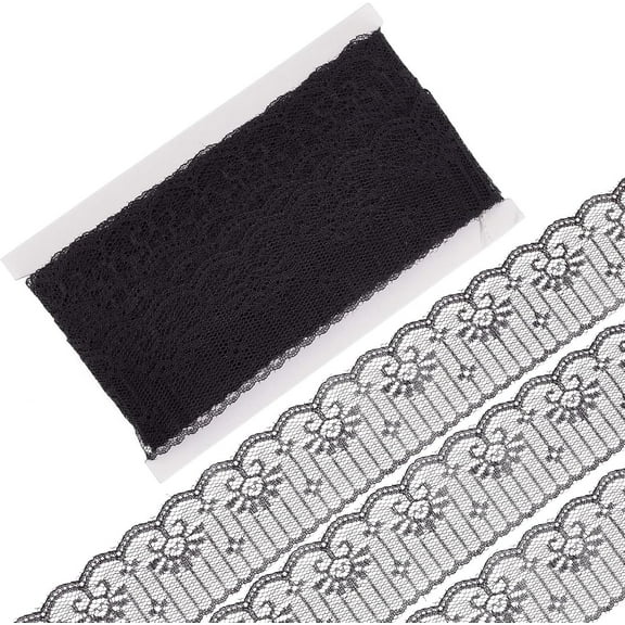 1Card 30 Yards Black Floral Lace Ribbon Wavy Edged Craft Lace Fabric Venice Eyelet Lace Trim Polyester Flower Edge Embroidery Crochet Tulle for Sewing Gift Wrapping Wedding Decor 2 Inch Width