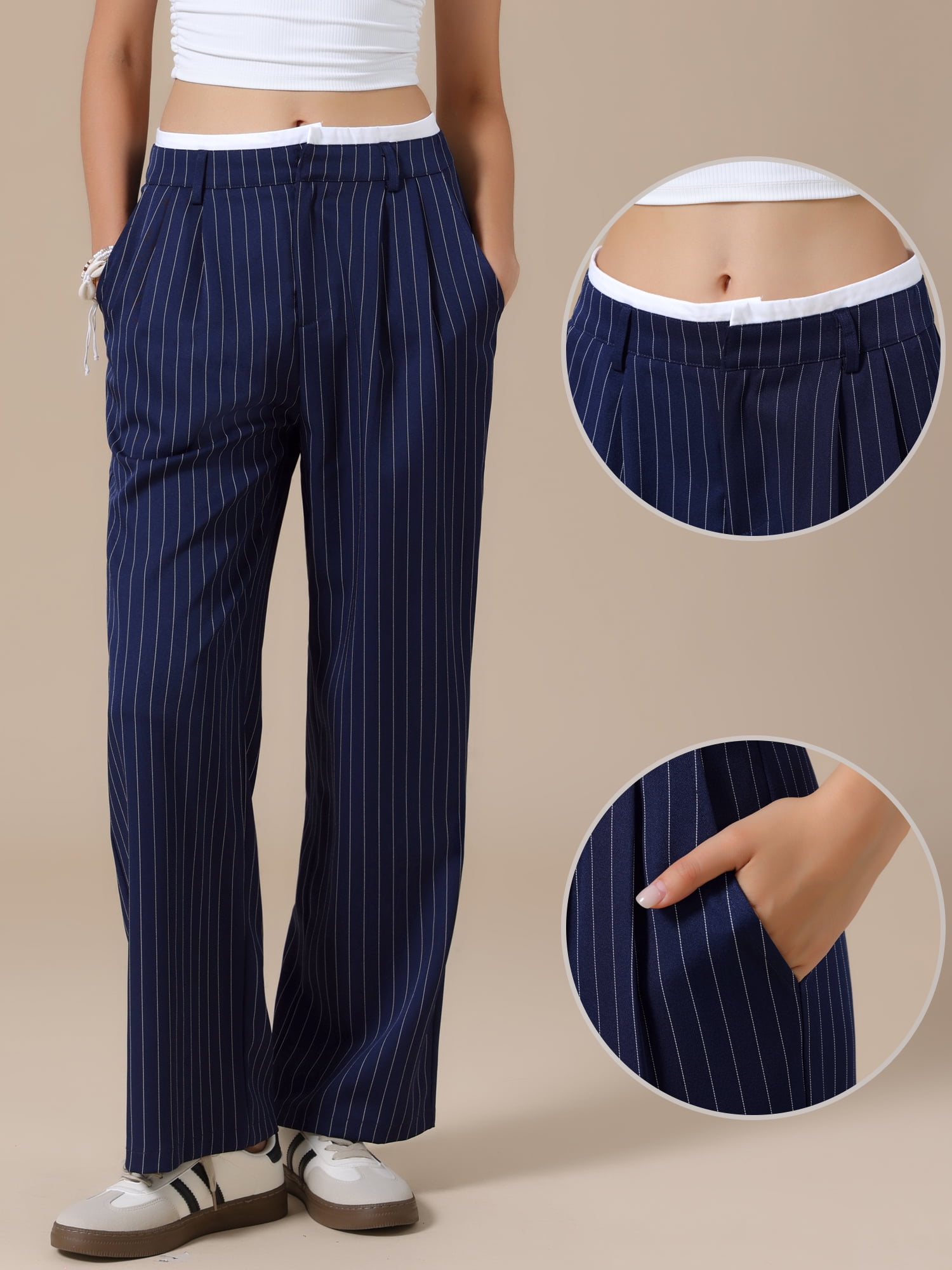 DARING DIVA Women's Striped Wide Leg Casual Work Long Pants Small Navy Blue