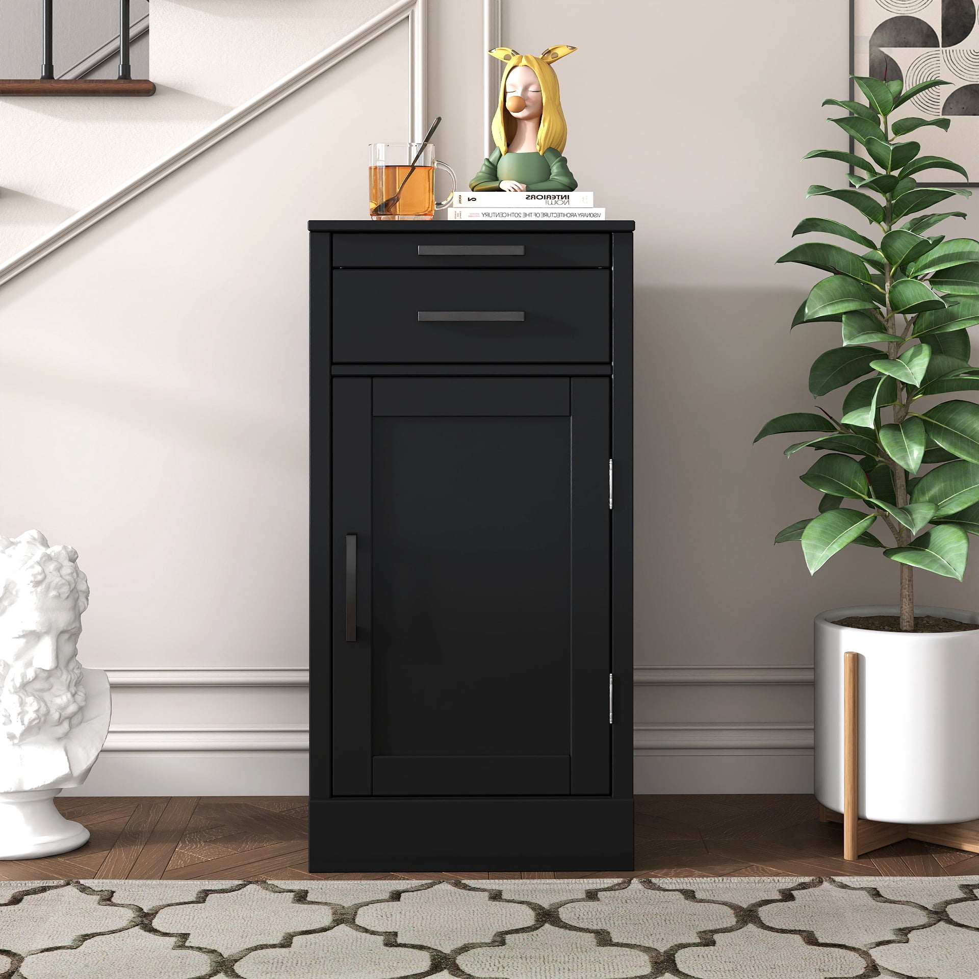 Wine Bar Cabinet Storage Hutch with Drawer Open Shelf for Dining Room, Black