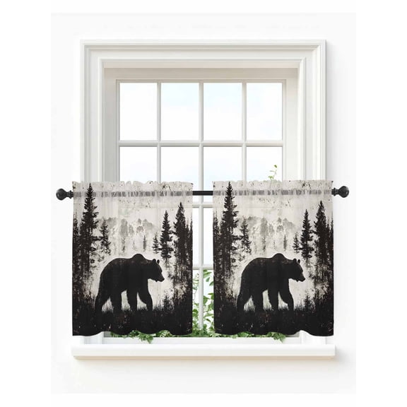 Rustic Bear Tier Curtains 36 Inch Length,Sheer Curtains for Bedroom Living Room Window Vintage Country Wildlife Forest Mountains Small Half Window Kitchen Curtains & Drapes 27.5"x36" 2 Panels