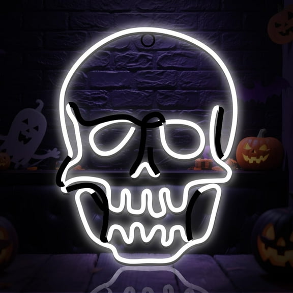 Neon Halloween Decorations, 13.5" Flickering Skull Neon Sign with 396 LED Pre-lit Skull Lights Plug in, Hanging Scary Spooky Outdoor Halloween Decor for Yard, Porch, Garage, Party - Cool White