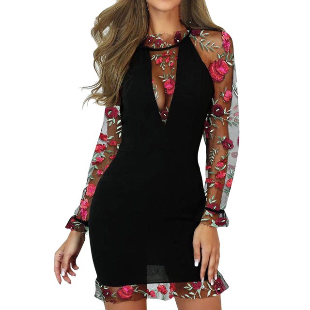 CEHVOM Robe de Soirée Aguichant à Manches Longues en Filet Brodé Patchwork Amincissant