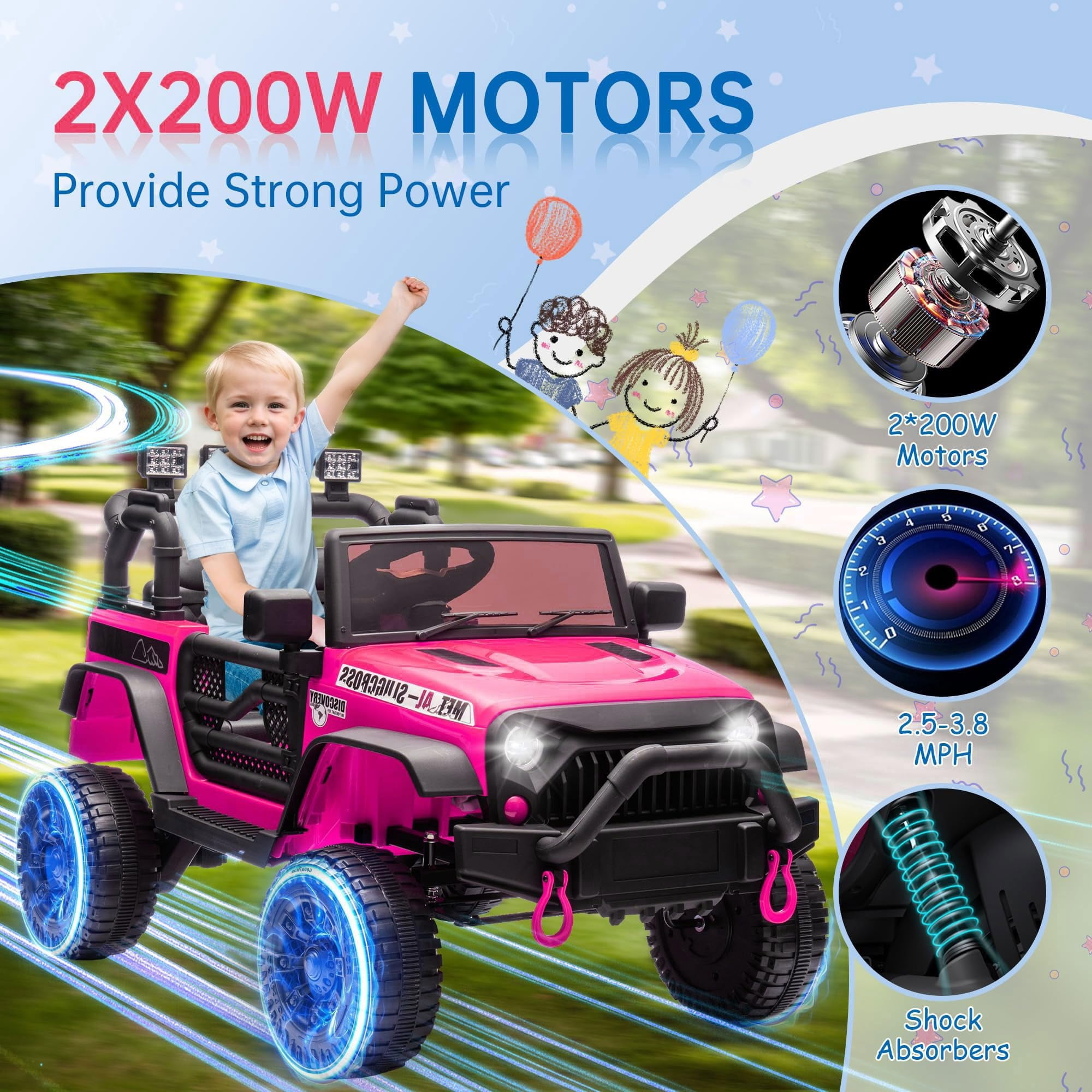 DYNALUNE  24V Kids Ride on Jeep, 400W Battery Powered Car with 4-Wheel Suspension & Music