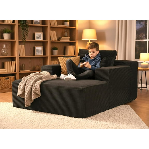 Chaise Lounge Chair Indoor ā Oversized Corduroy Couch with Wide Armrest & Throw Pillows, Cozy Boneless Sleeper Sofa Bed Armchair