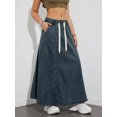 thumbnail image 4 of Plus Size Women's Elastic Waist Denim Maxi Skirt, Drawstring Loose A-line Casual Denim Midi Skirt, 4 of 5