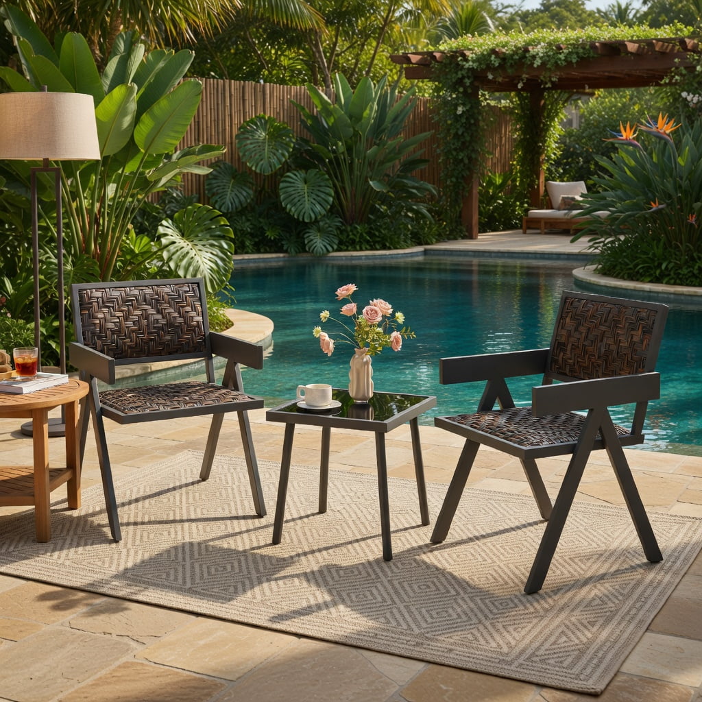 Hommoo 3-Piece Outdoor PE Wicker Bistro Set, 2 Armchairs + Coffee Table with Quick-Dry Foam Cushions, Fade-Resistant Brown Wicker & Tempered Glass Top, Brown