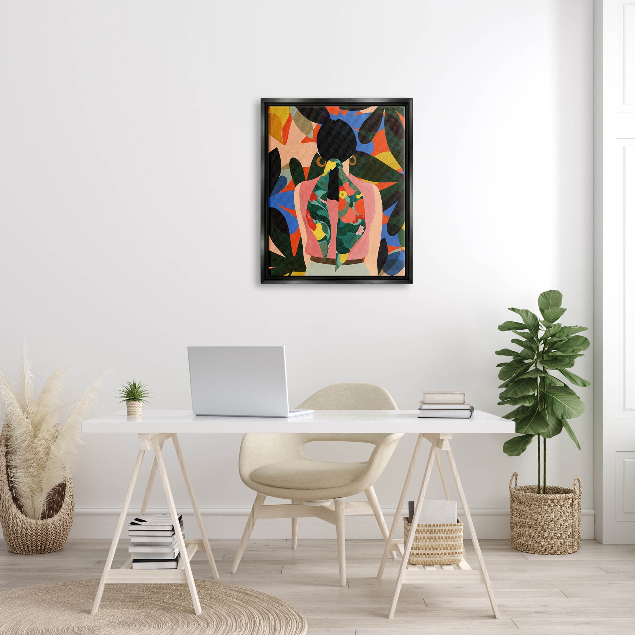 Stupell Industries Contemporary Floral Patterned Girl Graphic Art Jet Black Floating Framed Canvas Print Wall Art, Design by Emily Kopcik
