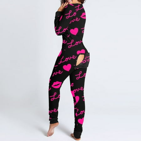 

WNG Women Print Long Sleeve Button Flap Nightwear Jumpsuit Bodysuit Playsuit Romper