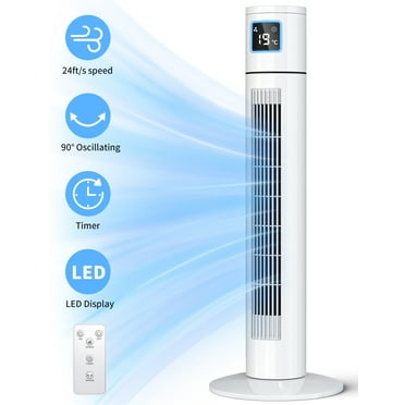BLUELK Tower Fans, 90° Oscillating Air Cooler Floor Fan for Indoors with 3 Speeds, 12H Timer, LED Display, for Home Office