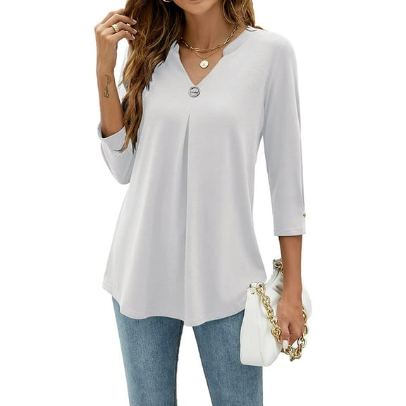 ESASSALY Women 3/4 Sleeve V-Neck Blouses Button-down ShirtsTops Spring Loose Casual Shirts Streetwear