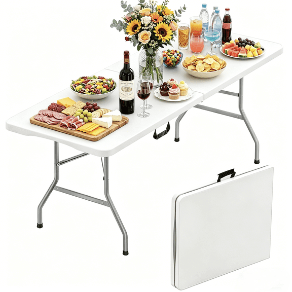 BORGEBY 6 Ft Folding Table, Portable Plastic Table with Handle for Indoor, Outdoor, Party, Dining, Wedding, Events, Camping(White)