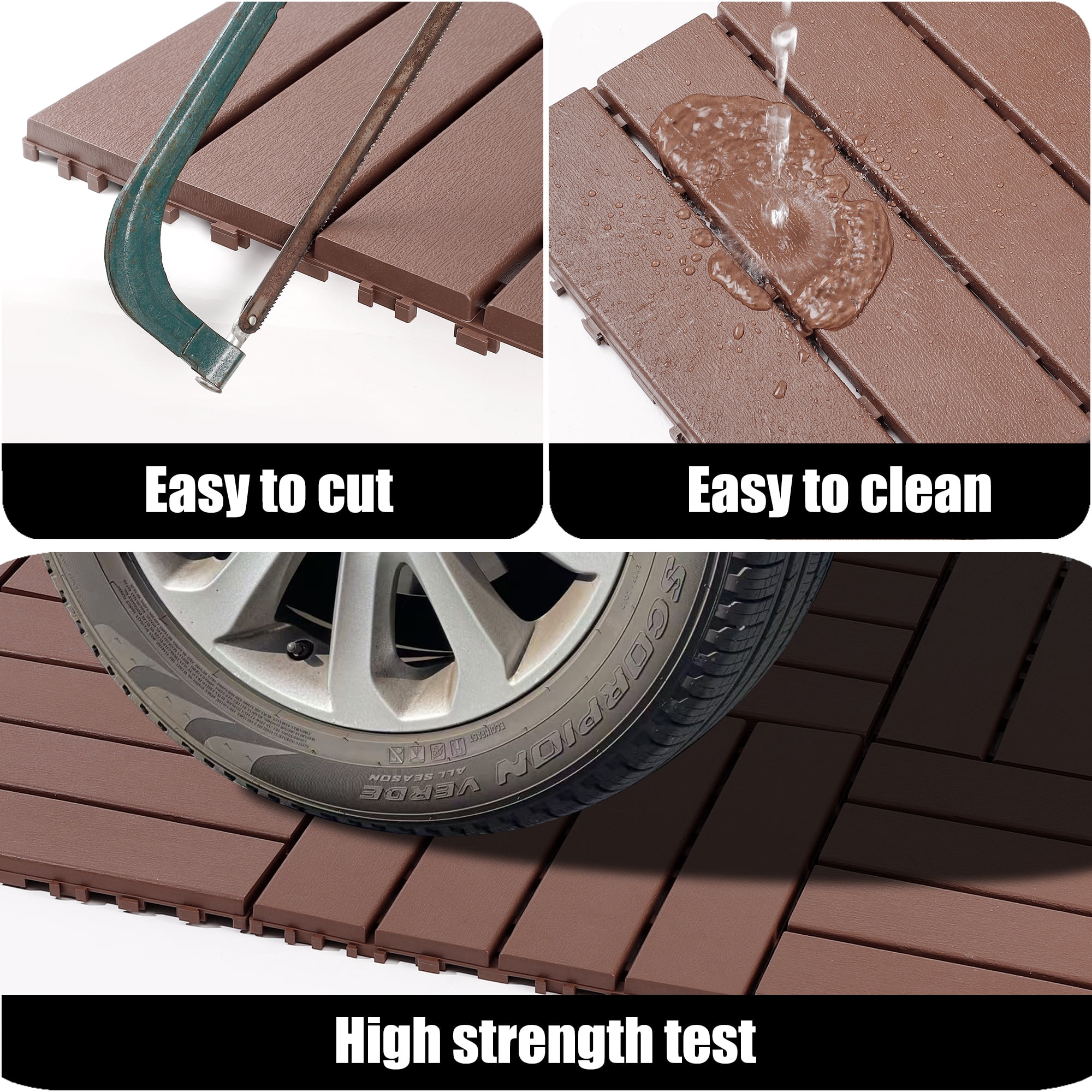 44 PCS Brown Plastic Interlocking Decking Tiles 12"x12" Waterproof All-Weather Floor Tiles for Terrace Backyard Pool Deck Courtyard Balcony Bathroom Indoor Outdoor