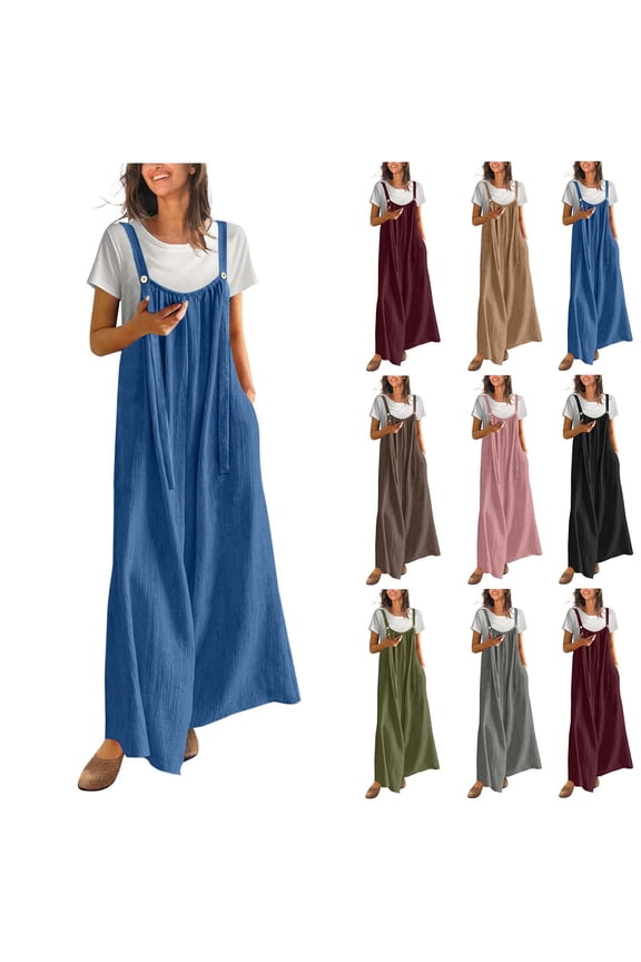 Women Long Casual Loose Bib Pants Overalls Baggy Rompers Jumpsuits with Pockets Brown S