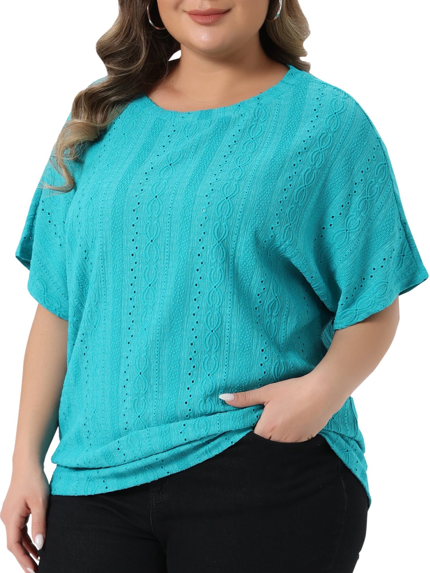 DARING DIVA Women's Plus Crew Neck Hollow Short Sleeve T Shirt 2X Lake Green