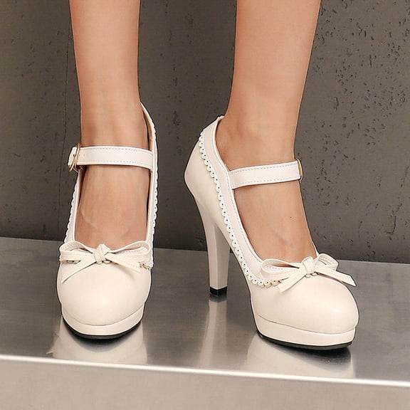 Purcolt Women's Bow Mary Jane Shoes Cute Pointed Toe High Heels Pumps Summer PU Leather Sweet Dress Shoes for Party Club Wedding