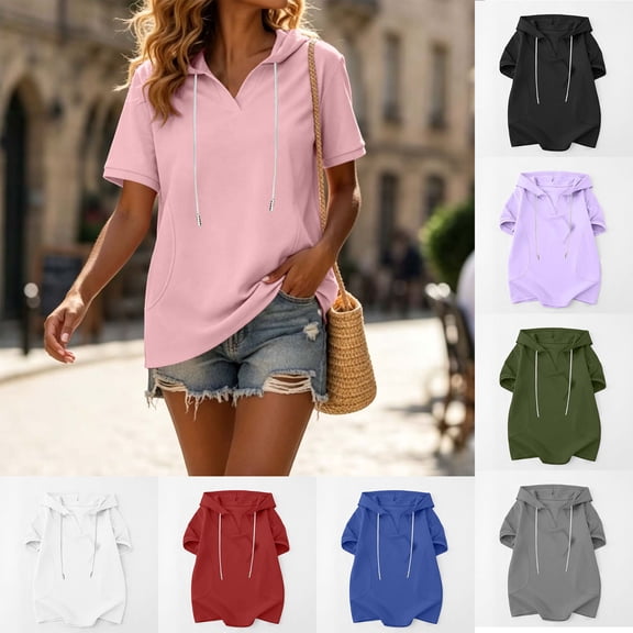 Short Sleeve Hoodies for Women Casual Solid Color V-Neck Pullover Loose Fit Comfy Sweatshirt Fashion Trendy Daily Wear Pink XL