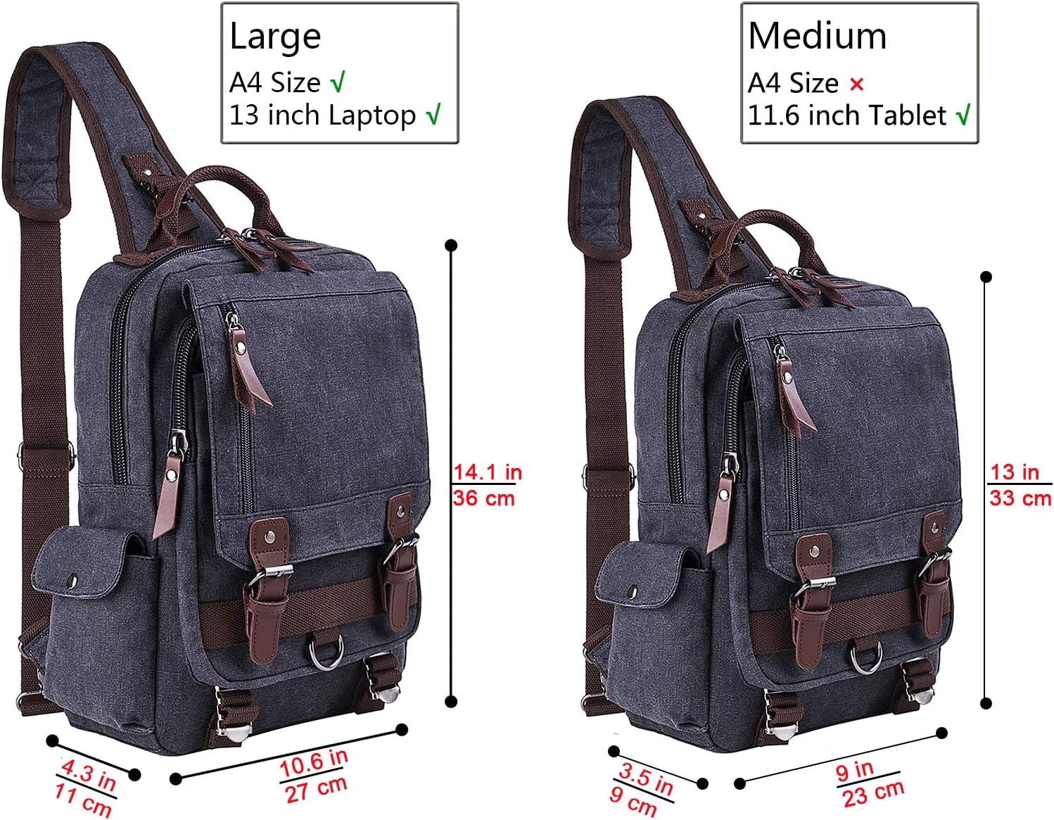 Canvas Cross Body Messenger Bag for Men Women Sling Shouler Backpack Travel Rucksack Black-Large