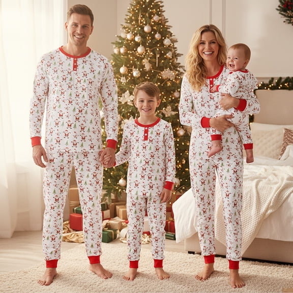 AIGUR Family Matching Christmas Pajama Set, Santa Claus Tree Print T-shirt with Pants Sleepwear Loungewear