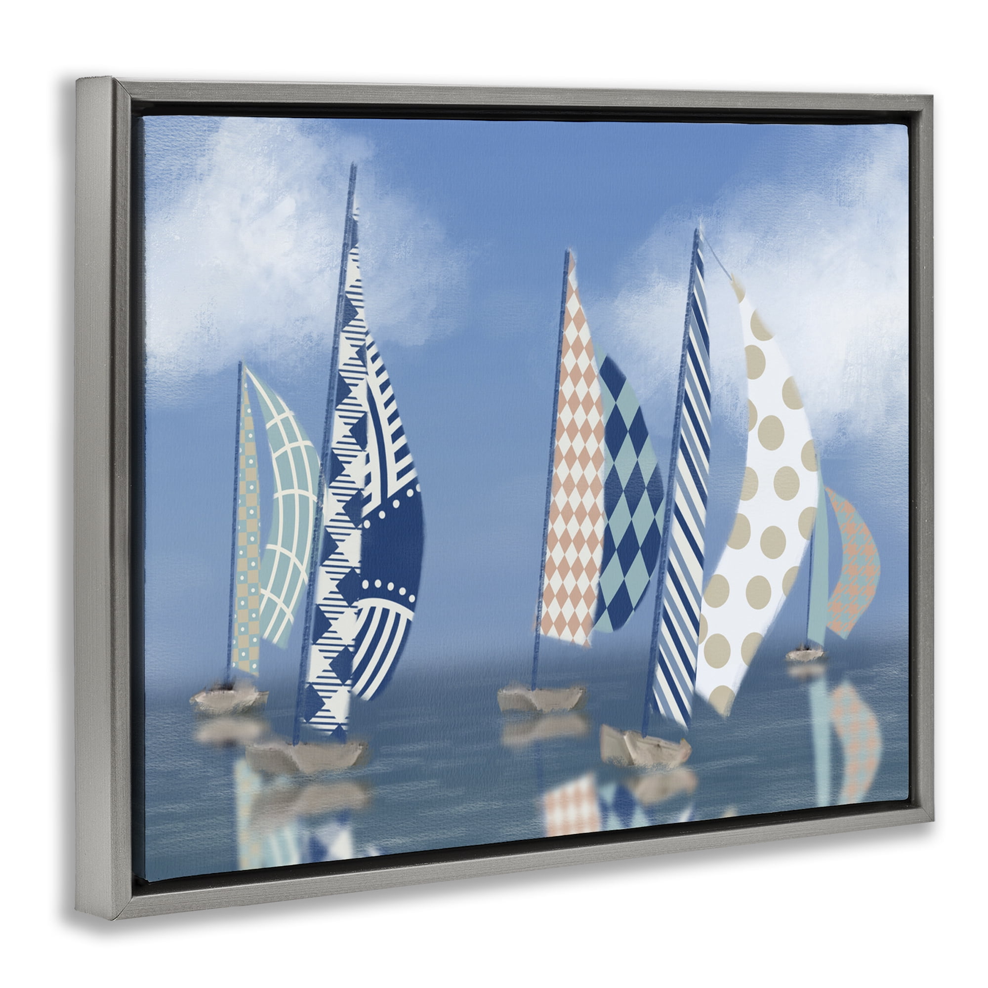 Stupell Industries Patchwork Coastal Sailboats Transportation Painting Gray Floater Framed Canvas Art Print Wall Art, 21 x 17