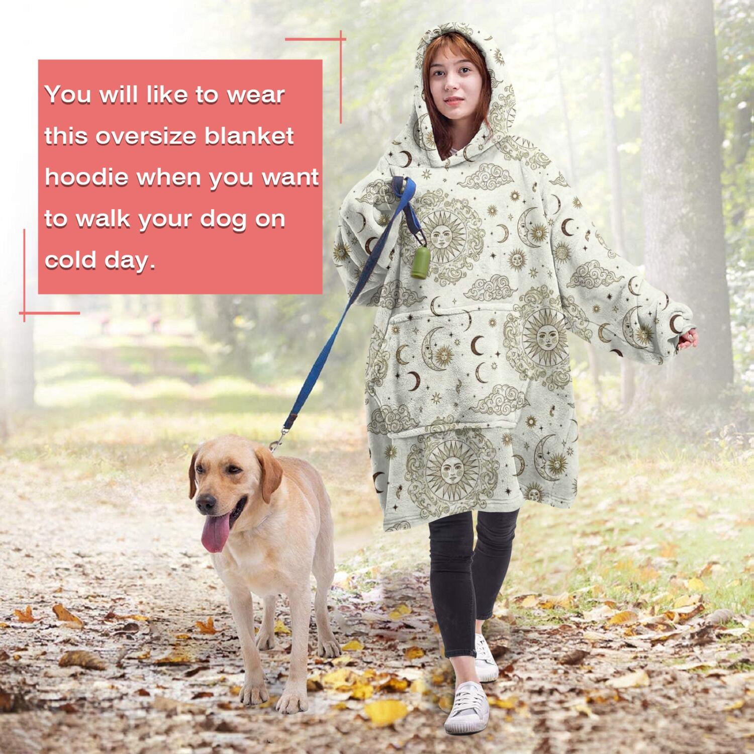 Wearable Oversized Blanket,Beige Sun Moon Cloud Star Pattern Wearable Blanket Hoodie for Adults,Cozy Hooded Blankets with Super Pockets,Super Warm Fuzzy Pullover for Women & Men