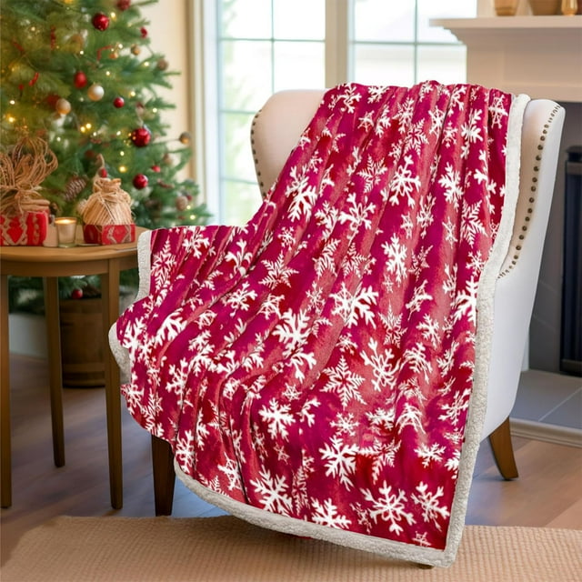 Fridja Christmas Blanket 27.5x39.3in Snowflake Print Christmas Throw Blanket Red Snowflake Christmas Blanket Soft Warm Blanket for Winter Christmas Home Sofa Bed Decoration