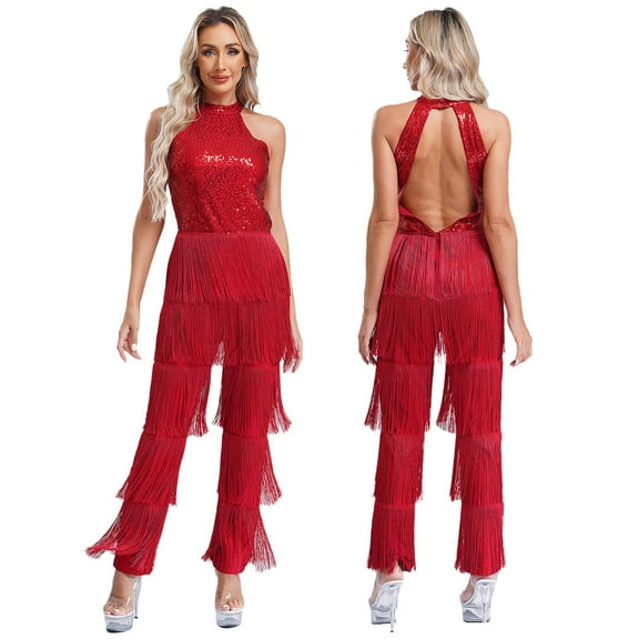 TiaoBug Women Sequin Latin Dance Jumpsuit Fringe Jazz Tango Rumba Salsa Ballroom Dance Rompers Burgundy 4XL
