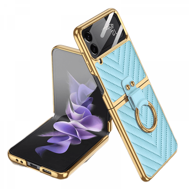 YSTINNG For Samsung Galaxy Z Flip 4 Case Leather with Ring, Back Screen Protector + Metal Ring Holder Kickstand, Shockproof Case A311-001