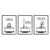Stupell Industries Wash Soak And Relax Jungle Animal Bath Tub Framed Wall Art Design by Rachel Nieman, 3 Piece, 11" x 14", Black Framed