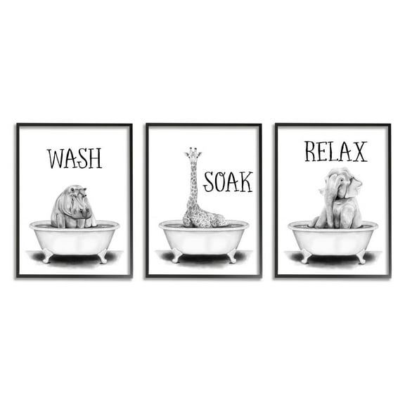 Stupell Industries Wash Soak And Relax Jungle Animal Bath Tub Framed Wall Art Design by Rachel Nieman, 3 Piece, 11" x 14", Black Framed