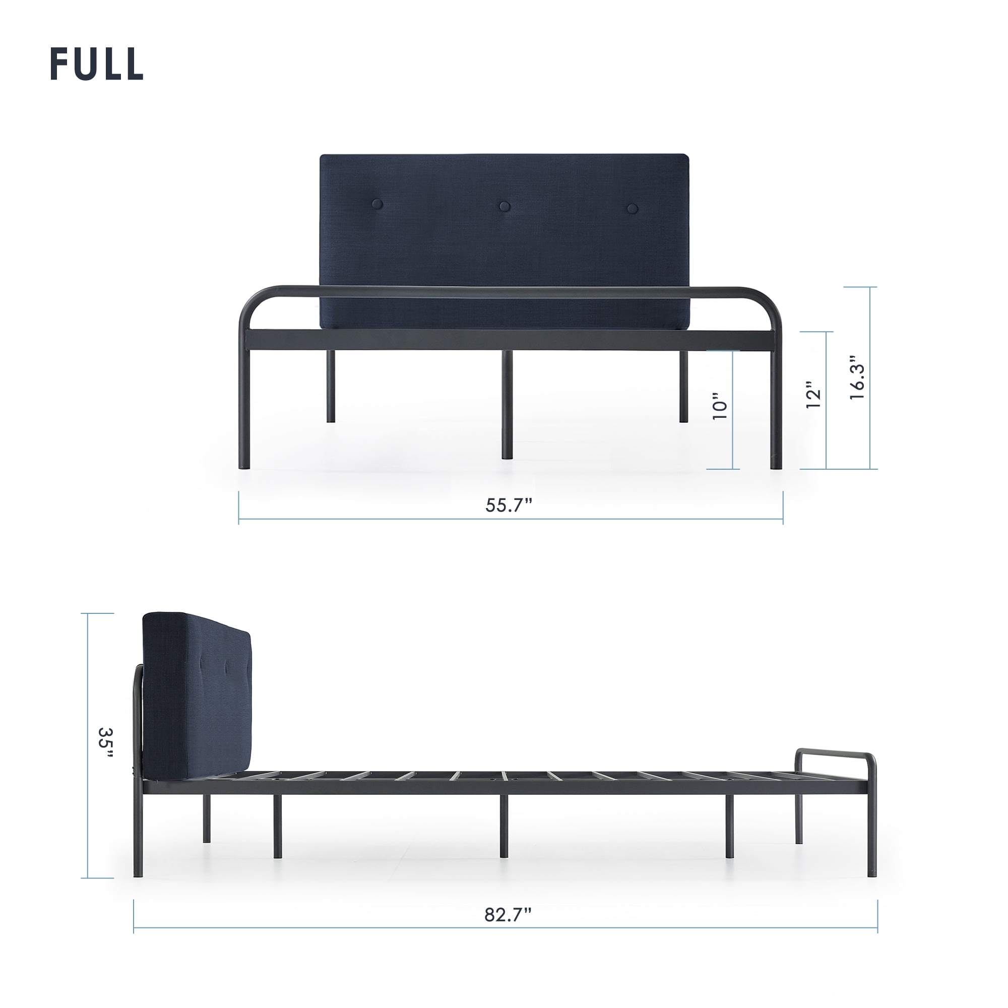 Mellow Maggie Metal Platform Bed with Upholstered Cushion Headboard, Navy, Full