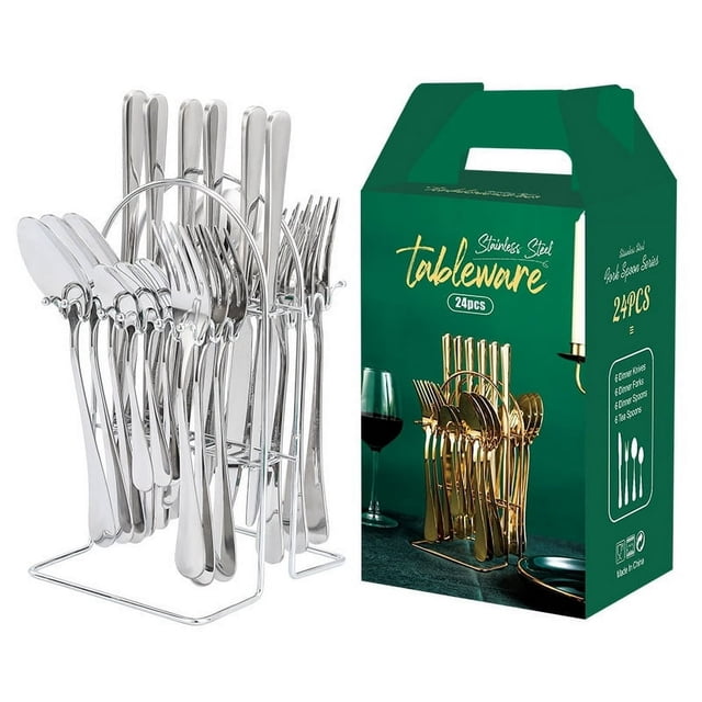 Gold Silverware Set Stainless Steel 24 Piece Anti-Rust Mirror Polished Flatware Gold Utensils Set Service for 6 with Gift Packaging Dishwasher Safe Hotel Tableware Wholesale