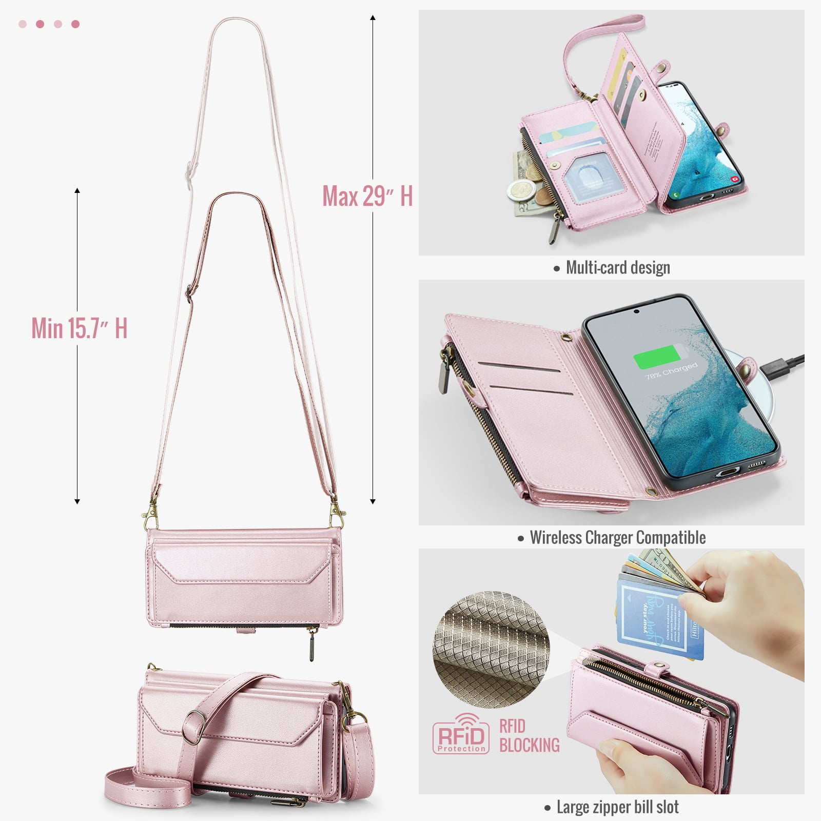 Asuwish Compatible with Samsung Galaxy S22 5G Zipper Wallet Phone Case Tempered Glass Screen Protector Crossbody Lanyard Strap Flip Card Holder Slot Cell Cover for S 22 22S 4G G5 6.1 Women Rose Gold